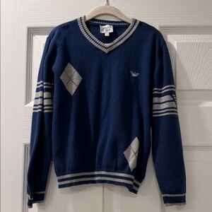 Boys Armani Juniors Navy V-Neck Sweater with Gray Argyle Accents Size 7A